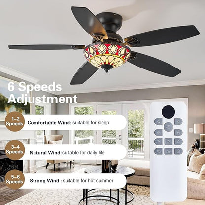 Tiffany Ceiling Fans with Lights - 48" Ceiling Fan Chandelier with 5 Dual-Blades and Glass Shade, 6 Speeds and Reversible, Indoor and Outdoor, Retro Style