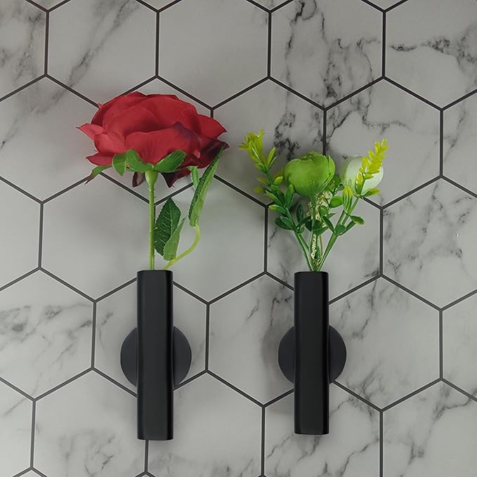 7" Wall-Mounted Flower Tube, Top/Bottom Open Vase, Wall Metal Flower Tube Decoration Holder for Flower Display, Home Office Living Room Bedroom Decoration with Adhesive Material, 2pcs(Black)