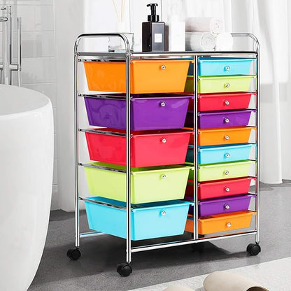 HAPPYGRILL 15-Drawer Rolling Cart, Storage Carts with Removable Drawers & Steel Frame, Utility Cart on Lockable Wheels for Home, School, Office,Multicolorful