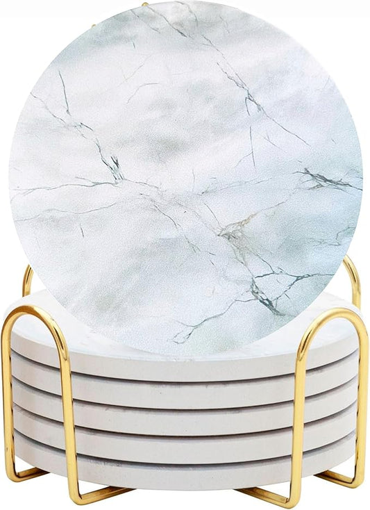 Ceramic Absorbent Coasters Set of 6 with Holder, Marble Drink Coasters for Coffee Table, Water Absorbing Coaster (Porcelain)