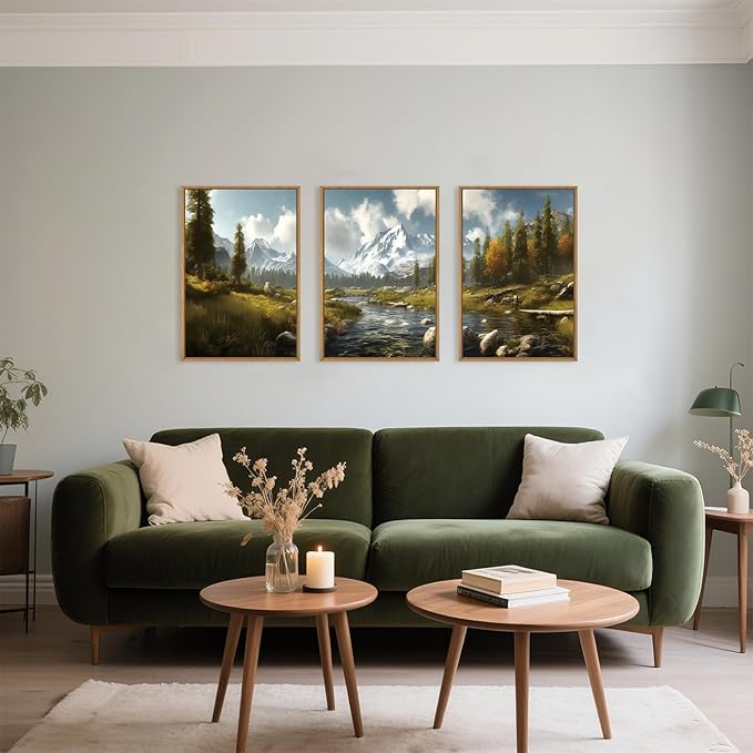 Aryroi Large Watercolor Snow Mountain Framed Canvas Wall Art,Modern River Grassland Wall Decor,Natural Green Forest Artwork,Neutral Wood Landscape Art Print for Living Room,Bedroom,Office- 24"x36"x3