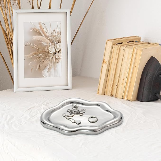 Silver Ceramic Cloud Jewelry Dish Tray, Elegant Trinket Dish for Rings/Earrings/Bracelets/Watch/Keys, Vanity Perfume & Key Tray, Gift for Women’s Birthday/Mother’s Day/Valentine’s Day
