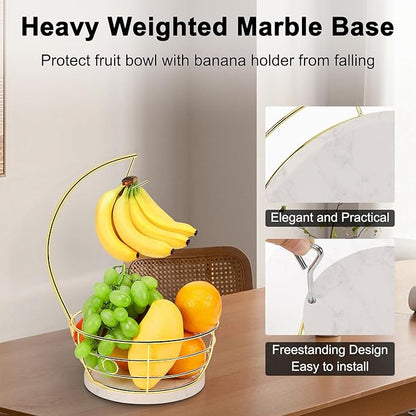 Livabber Countertop Fruit Basket Bowl with Banana Hanger, Modern Standing Fruit Vegetable Bowl Storage, with Banana Tree Holder for Kitchen Dinning Table (Round Marble, Gold)