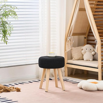 Wimarsbon Pouf Ottoman, 100% Cotton Knitted Boho Footstool, Round Footrest with Non-Skid Wood Legs, Home Décor Handmade Pouffe, Leisure Floor Step Stool for Living Room (Long Leg - Black)