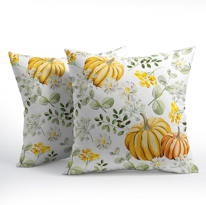 Pumpkin Fall Pillow Covers 20x20 Set of 2 Yellow Saga Green Leaf Autumn Floral Thanksgiving Pillow Cases Outdoor Decorative Holiday Cushion Cover Rustic Decoration Farmhouse Home Sofa Couch Bed Decor
