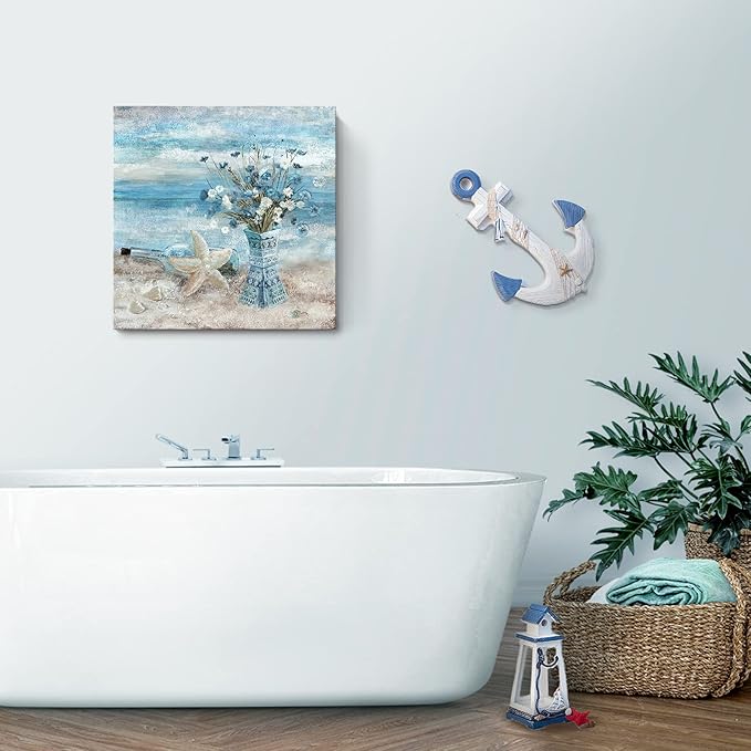 Beach Wall Art for Living Room Blue Ocean Theme Canvas Print Modern Abstract Coastal Picture Seascape Painting Daisy Flower in Indian Vase Framed Artwork for Seaside Bedroom Bathroom Office 24x24inch