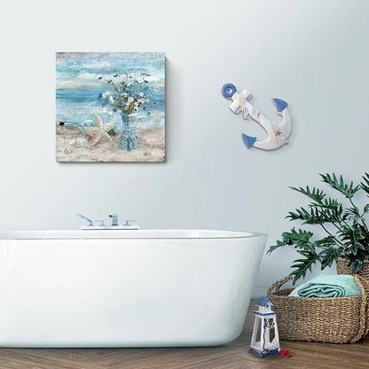 Beach Wall Art for Living Room Blue Ocean Theme Canvas Print Modern Abstract Coastal Picture Seascape Painting Daisy Flower in Indian Vase Framed Artwork for Seaside Bedroom Bathroom Office 24x24inch