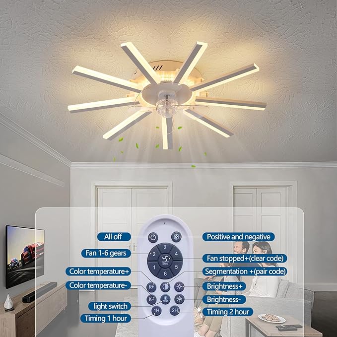 HuixuTe 27" White Straight Strip Geometric Ceiling Fan with Lights, 3 Colors 6 Speeds Low Profile Ceiling Fan with Light for Kitchen Bedroom
