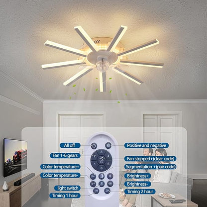 HuixuTe 27" White Straight Strip Geometric Ceiling Fan with Lights, 3 Colors 6 Speeds Low Profile Ceiling Fan with Light for Kitchen Bedroom