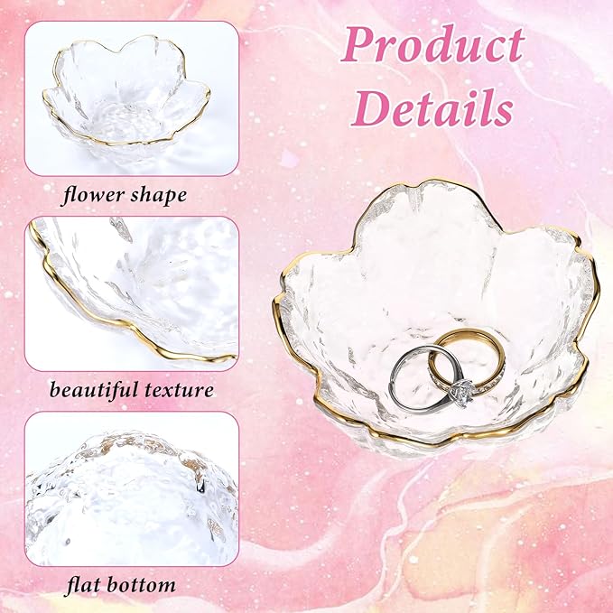 Ouligay Small Cute Jewelry Dish Tray Flower Jewelry Ring Dish Trinket Tray Ring Holder for Women Glass Jewelry Plate Dish with Gilt-Edged Blossom Design Gift for Wife Mom Daughter(Transparent)