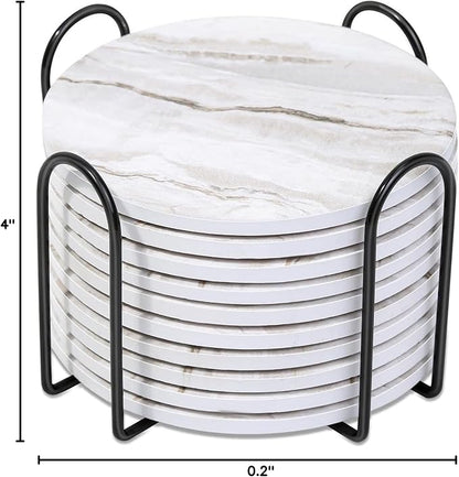 Caffox Coasters Set of 10, Absorbent Drink Coasters with Holder, Marble Style Ceramic Coaster for Wooden Table, Home Decor, 4 Inches(Griege)