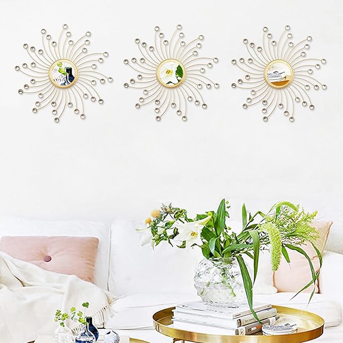 Uaussi 3 Pack Crystal Sunburst Wall Mirror Décor Rhinestone Mirrors Decorative Home Wall Art for Living Room Bedroom Entryway(Curle Burst Gold)