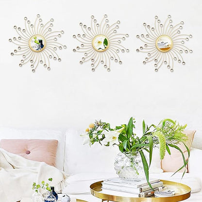 Uaussi 3 Pack Crystal Sunburst Wall Mirror Décor Rhinestone Mirrors Decorative Home Wall Art for Living Room Bedroom Entryway(Curle Burst Gold)