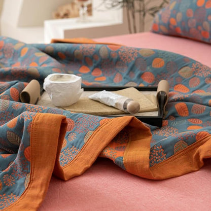 100% Cotton Jacquard Quilt Rustic Floral Leaves Print,Soft Muslin Bed Cover 3 Layers Reversible Bedspread Coverlet Breathable Lightweight Bedding,Full/Queen(78"x94"), No Pillow Sham
