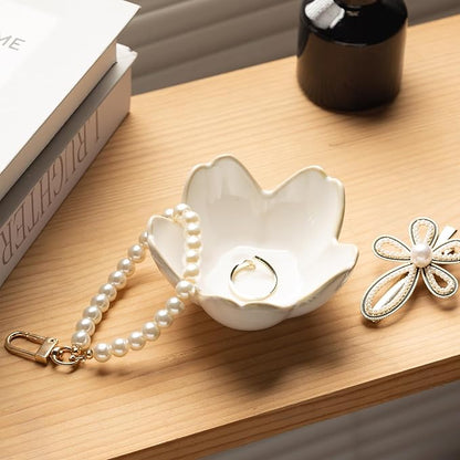Ceramic Ring Holder Tray - Decorative Floral Trinket Bowl for Jewelry Storage & Vanity Decor(white)