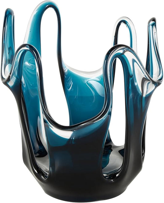 Deco 79 Glass Abstract Decorative Vase Ombre Centerpiece Vase with Wavy Oval Cutouts, Flower Vase for Home Decoration 8" x 8" x 10", Blue