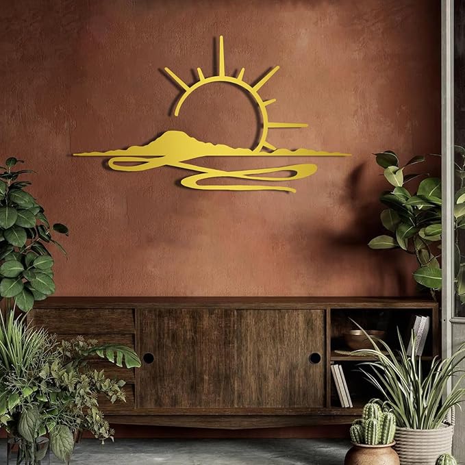 Metal Wall Art Sunrise, Metal Wall Art Sunset, Minimalist Line Art, Sunrise Or Sunset Decor For Living Room, Bedroom, Outdoor, Housewarming Gift (Gold, 30 x 17 inches / 76 x 43 cm, metal wall art)