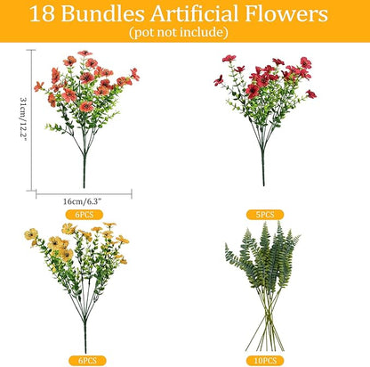 Artificial Fake Flowers Plants for Outdoor,18 Bundles Faux Plants Outside No Fade Plastic UV Resistant for Front Door Porch Patio Balcony Garden Yard Decorations