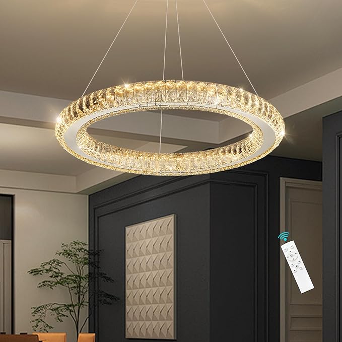 LED Chandelier Modern Dimmable Dining Room Chanderliers Entryway Crystal Ring Pendant Lights for Kitchen Bedroom Living Room Silver Light
