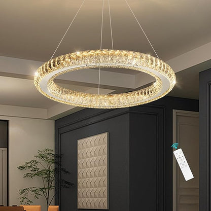 LED Chandelier Modern Dimmable Dining Room Chanderliers Entryway Crystal Ring Pendant Lights for Kitchen Bedroom Living Room Silver Light