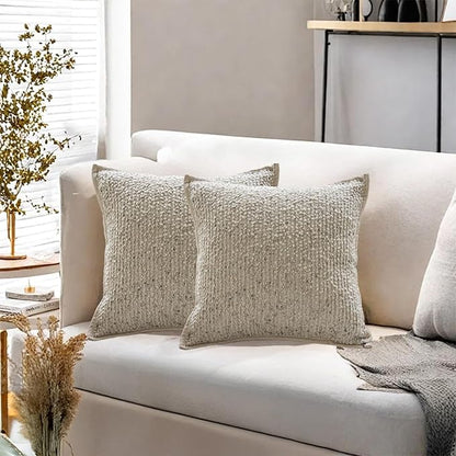 Emvency Cream Grey Textured Boucle Throw Pillow Covers 18x18 Inches Set of 2, Boho Farmhouse Striped Chic Modern Art Square Decorative Couch Pillowcases for Home Decor Bedroom Sofa Living Room