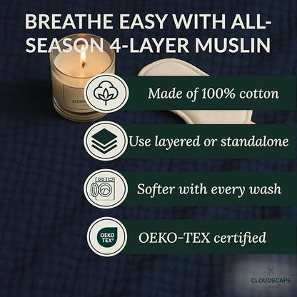 Luxury 100% Cotton Muslin Throw Blanket, 4 Layer Extra Large 50x70in, Perfect for Couch, Sofa, Home Decor, Soft Cotton Gauze Travel Blanket, Winter Cozy Throw, All Season Ensign Blue