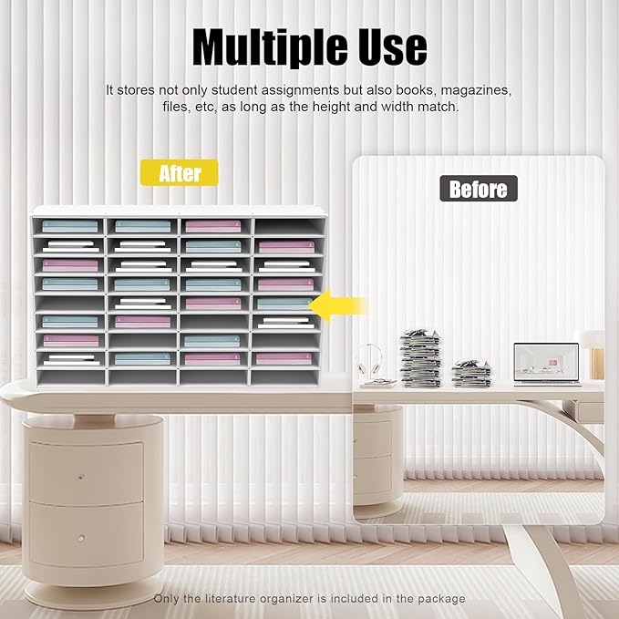Literature Organizer with 36 Compartments | Adjustable Desktop File Sorter Mail Center for Home, Office & Classroom | PVC Paper Storage Cabinet with Shelves, White