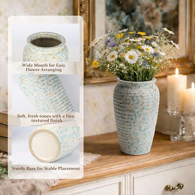 BEAHOT Ceramic Vases Set of 3 – 6.7-inch Handmade Blue & White Pottery Trio with Speckled Glaze – Decorative Flower Vases Home Decor for Table Mantel Entryway Shelf Living Room Kitchen Bathroom