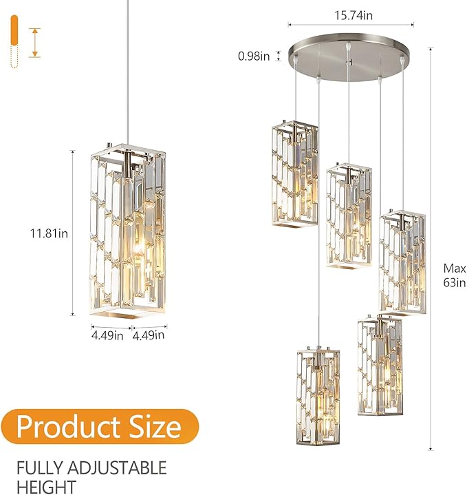 Brass Nickel Pendant Lighting Modern Pendant Light, Mini Crystal Chandeliers,Adjustable Pendant Light Fixture for Kitchen Island Dinning Room Bedroom (5 Light)