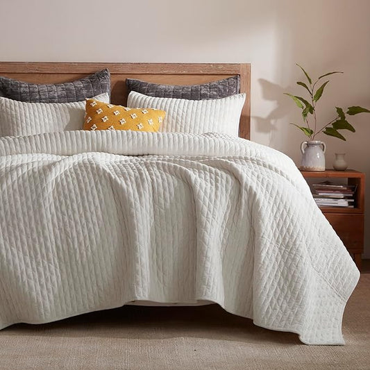 LEAONME Velvet Quilt Set Full/Queen Size 90''x98'', Lightweight White Velvet Comforter Set with 2 Matching Shams, Soft Cross Stitch Bedspread Coverlet Bedding Set for All Season