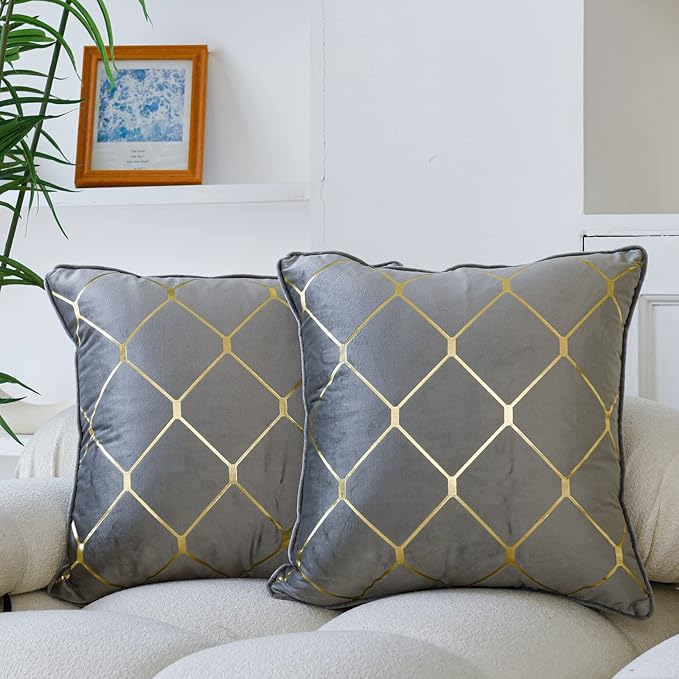 WACOMECO Gold Throw Pillow Covers, Pack of 2 Soft Velvet Decorative Cushion Covers for Couch Sofa Home Decoration, Grey, 18x18 Inch