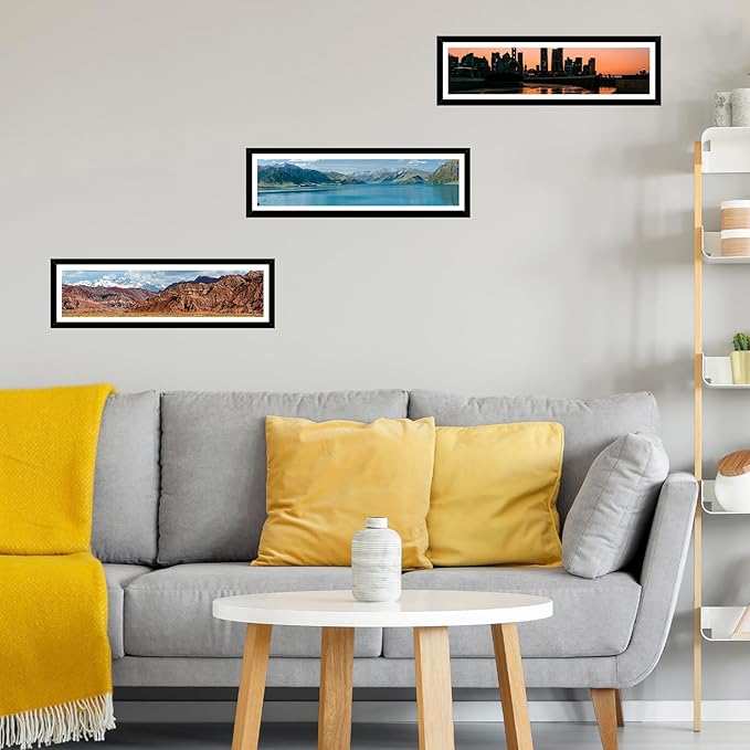 8x24 Picture Frame Set of 2 with 6x22 Mat, Panoramic Picture Frame Display Photo 6x22 with Mat or 8 x 24 Without Mat, Wall Hanging Large 8 by 24 Poster Frame with Plexiglass, 2 Pack, Black