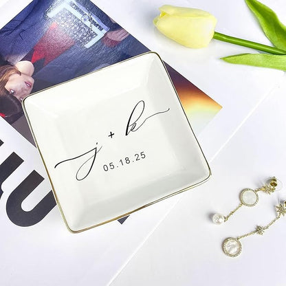 Custom Engagement Ring Holder Ring Dish, Custom Wedding Gifts for Couple, Bridal Shower Couple Jewelry Tray, Monogrammed Engagement Wedding Gifts for Bride 2