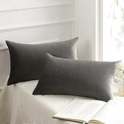 Phantoscope Pack of 2 Velvet Decorative Throw Decorative Pillow Cover Soft Solid Square Cushion Case for Couch Dark Grey 12 x 20 inches 30 x 50 cm
