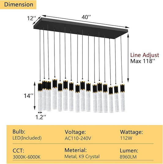 16-Lights Modern Cystal for Kitchen Island LED Dimmable Pendant Lighting Fixture Crystal Chandelier Light Fixtures for Dining Room