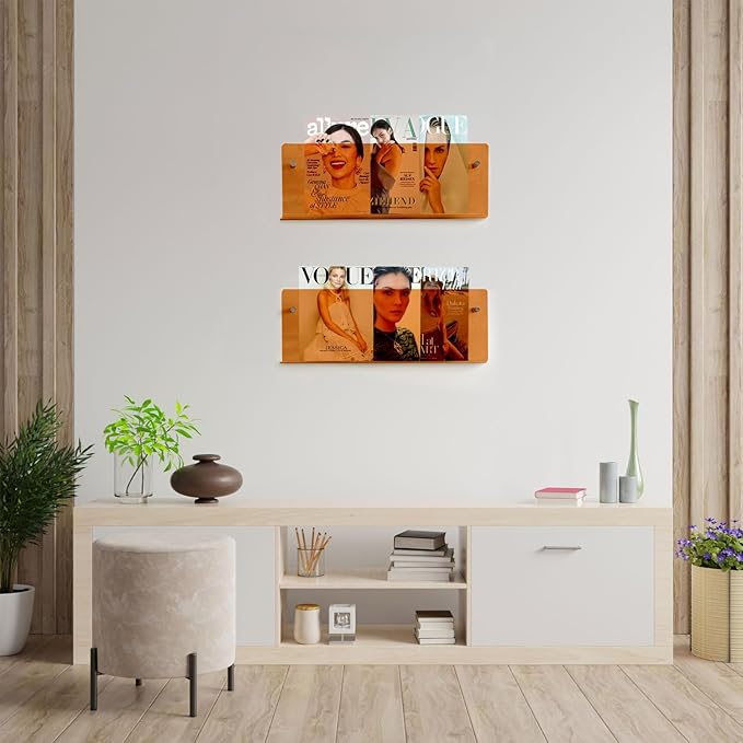 2-Pack Acrylic Magazine Holder Rack Brochure Holder,Orange 17 Inch Wall Mounted Bookshelf Record Rack,Hanging Bookshelf Literature Storage Rack Suitable for Offices,Living Rooms,Waiting room