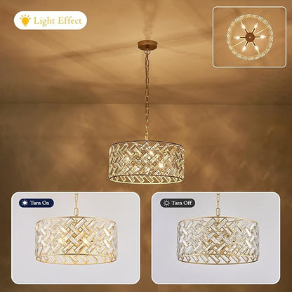 Gold Crystal Chandelier, 18" Modern Drum Ceiling Light Fixture, Luxury 6-Light K9 Crystal Pendant Lighting, Convertible Semi Flush Mount Hanging Light for Dining Room, Living Room, Bedroom, Kitchen