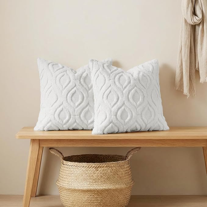 decorUhome Spring Euro Sham Throw Pillow Covers 22x22 Inch Set of 2, Soft Plush Faux Wool White Solid Couch Pillow Covers, Accent Farmhouse Neutral Square Pillow Cases for Sofa Bed Living Room