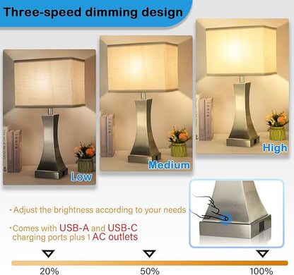 Table Lamp for Bedroom 3-Way Dimmable Touch Control Bedside Lamp with USB A+C Port & Outlet 21.6" Tall Nightstand Lamp for Living Room Bedroom Office and Hotel Bulb Included