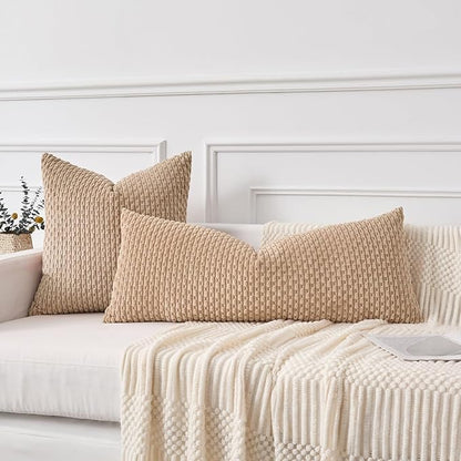 Kevin Textile 20x54 Inch Long Body Lumbar 1 Pack Boho Decorative Throw Pillow Cover Soft Striped Corduroy Rectangle Cushion Case Farmhouse Accent for Living Room Couch Sofa Bed, Tan