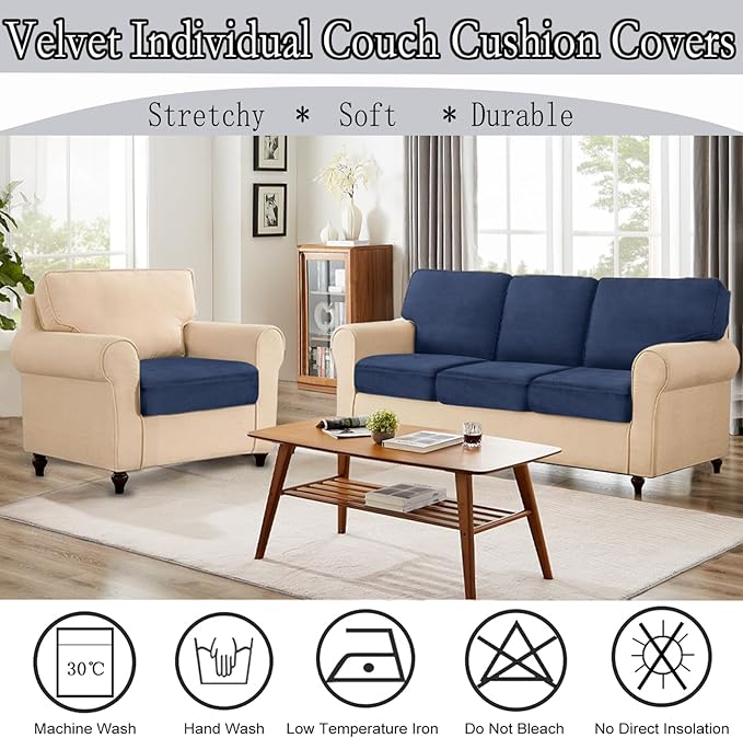 NAISI Couch Cushion Covers 1 Piece Velvet Stretch Sofa Seat Covers or Backrest Covers Soft Individual Couch Covers for Sectional Sofa(1 PC for Seat Cushion or Backrest,Navy)