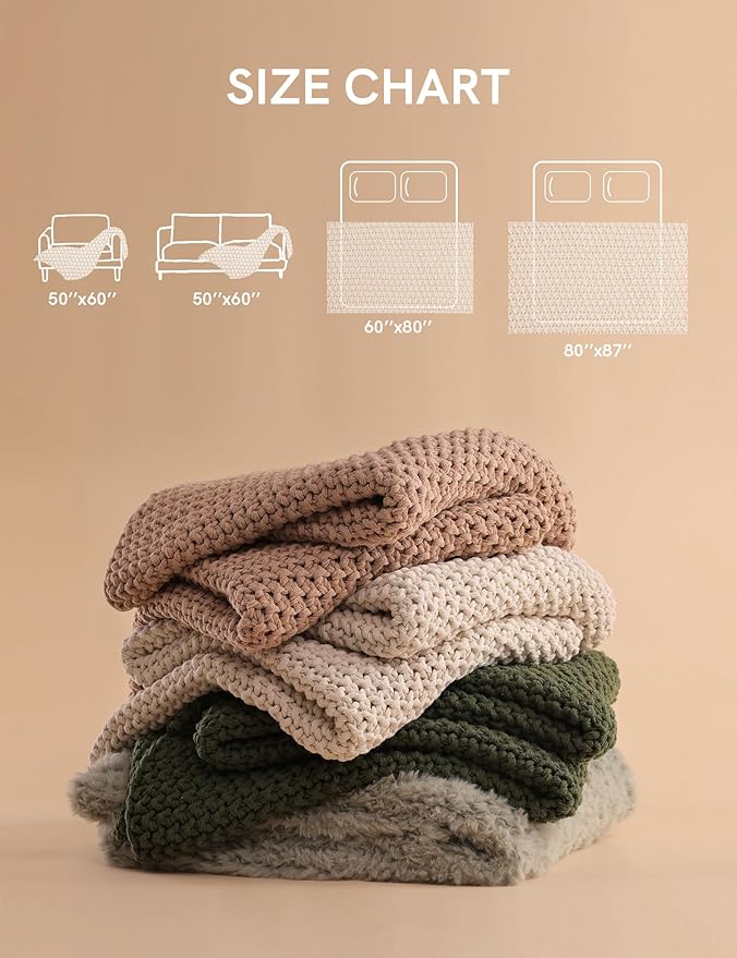 YnM Chunky Cotton Knit Throw Blanket, Cable Knit Throws for Bed Couch Sofa, Comfy & Relaxing, Decorative Piece for Farmhouse Modern Boho Rustic Scandinavian Chic Vibe, Pine Green 50x60 Inches