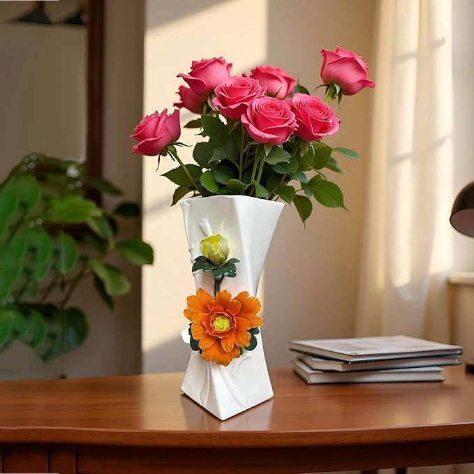 MTME Porcelain vase with Flowers, Memorabilia, Wedding Gifts, Aesthetic Sculpture Home décor (Orange)
