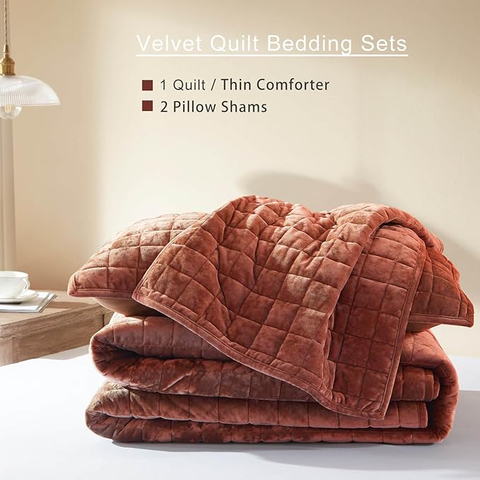 LEAONME Velvet Quilt Oversized California King-120''x120'', Lightweight Burnt Orange Velvet Comforter Set with 2 Pillow Shams, Oversized Bedspread Coverlet Quilted Bedding Set for All Season