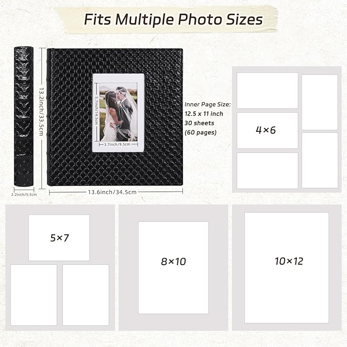 RECUTMS Scrapbook Photo Album 60 Pages Handmade DIY 4x6 5x7 8x10 Photos of Any Size, Button Grain Leather Cover of Wedding Self Adhesive Photo Album Baby Picture Book Family Scrapbook Picture Album