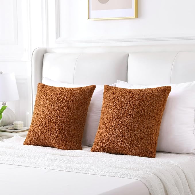 FUTEI Rust Throw Pillow Covers 24x24 Inch Set of 2,Furry Faux Fur Teddy Boucle Textured Cushion Covers,Soft Fluffy European Pillow Shams,Home Decor for Couch Bed Living Room Office Car