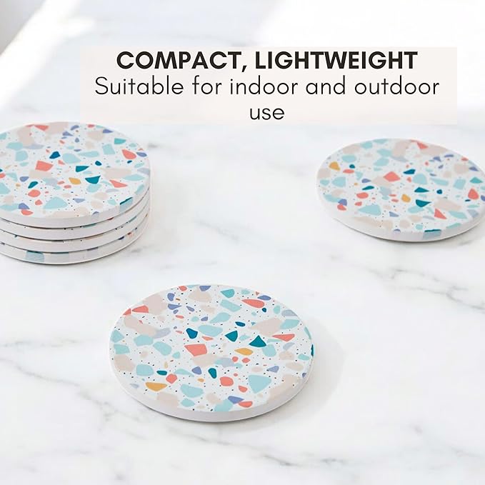 Terrazzo Drink Absorbent Coasters with Holder Set of 6, Ceramic Coaster for Drinks, Coffee Table Decor, Water Absorbing Stone Coaster for Drinks (Pastel)