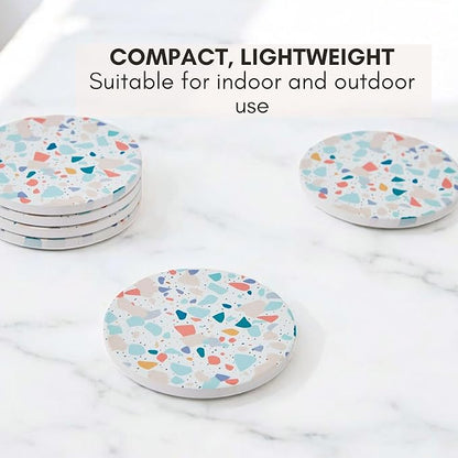Terrazzo Drink Absorbent Coasters with Holder Set of 6, Ceramic Coaster for Drinks, Coffee Table Decor, Water Absorbing Stone Coaster for Drinks (Pastel)