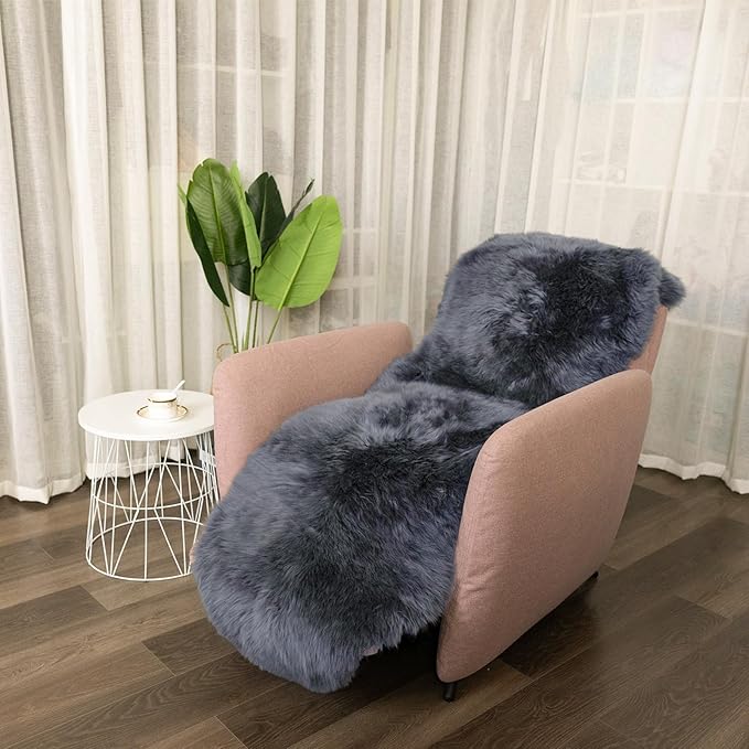 Genuine Sheepskin Rug New Zealand Fluffy Lambskin Rug, Natural Luxury Sheepskin Throw for Bedroom Living Room Children's Room - Premium Area Rug Chair Cover (2×6 Feet, Dark Charcoal Grey)