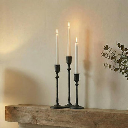 Antique Candlestick Holders Set of 3, Cast Iron Taper Candle Holder for Dining Table Centerpiece, Wedding, Fireplace Mantel Decor, Vintage Tall Candle Stands, Christmas Decorations, Matte Black